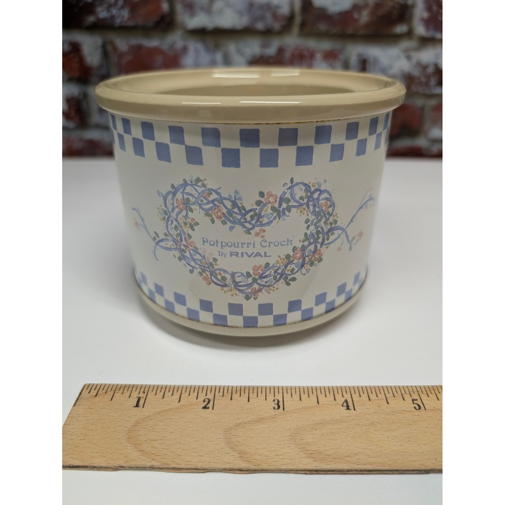 Vtg Rival Potpourri Crock 3206 /1 Blue Check Cottagecore Floral Heart Simmer Pot